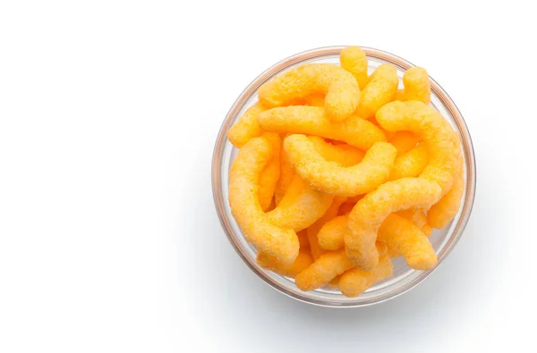 Cheese Puffs Glass Bowl Isolated White Background Top View — Stock Photo, Image