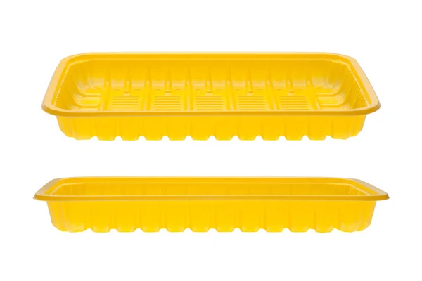白色背景上隔离的黄色空食品托盘 — 图库照片