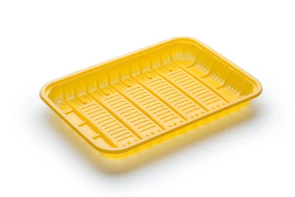 白色背景上隔离的黄色空食品托盘 — 图库照片