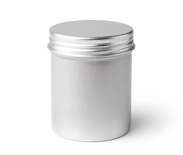 Okrągły Pojemnik Metalowy Izolowany Białym Tle Pojemnik Herbatę Kosmetyki Lub — Zdjęcie stockowe