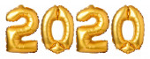 Zahlen 2019 aus goldenen Luftballons auf weißem Hintergrund