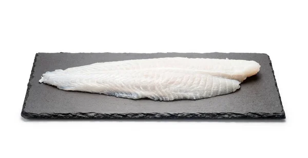 Basa Fish Fillet Black Stone Plate Isolated White Background — Stock Photo, Image