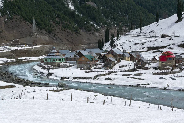 Beautiful Small Village Riverside Snow Winter Trip Sonamarg Attractions Kashmir Stock Image