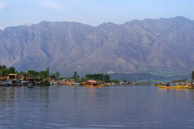 Srinagar, Jammu ve Keşmir, Hindistan - 15 Nisan 2019 : Dal Gölü'nün güzel sahnesi, Houseboat Srinagar seyahat hedef ünlü bir yerdir, yerel halk ulaşım için küçük tekne kullanın