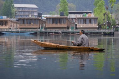 Srinagar, Jammu ve Keşmir - 16 Nisan 2019 : Keşmirli erkekler eski ahşap tekne dal gölü üzerinde yüzen pazara günlük sabah erken saatlerde kürek Srinagar önemli turistik