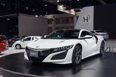 Bangkok, Tayland-28 Kasım, 2018: Honda NSX beyaz renkli süper araba büyük olay araba gösterisi ekranda motor Expo 2018 Impact Arena, Muang Thong Thani Nonthaburi, Tayland