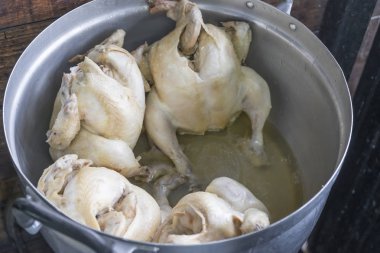 Tay buğulanmış Hainanese tavuk pilav khao Mun Kai lezzetli Asya gıda denir