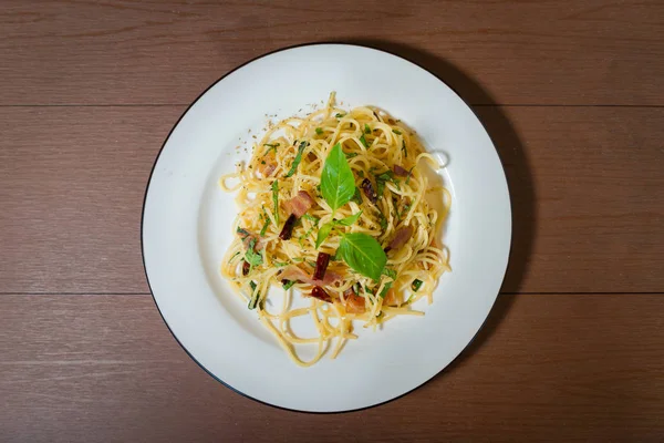 Spagetti Bacon Szalonnával Rántott Sült Chilit Szárított Ételek Thai Stílust — Stock Fotó