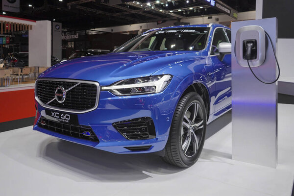 Bangkok, Thailand - March 28, 2019: Volvo Xc 60 Twin engine with Hybrid electric car for save the environment on display on 40th Bangkok International Motor Show 2019
 