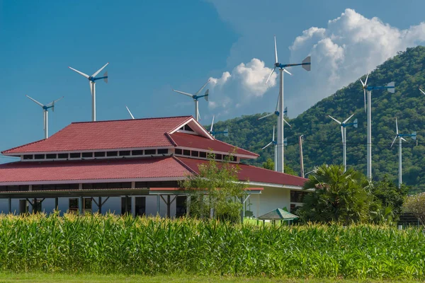 Windmills for electric power production in Royal Initiative Project Chang Hua Mun project demonstrate holistic agriculture for sufficient economy at Hua Hin, Phetchaburi, Thailand