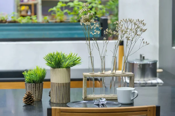 Plantas Tubo Ensayo Decorado Con Una Taza Café Mesa Comedor — Foto de Stock