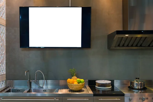 Modern Kitchen Stainless Steel Sink Television Wall Space Text Advertisement — Stock Photo, Image