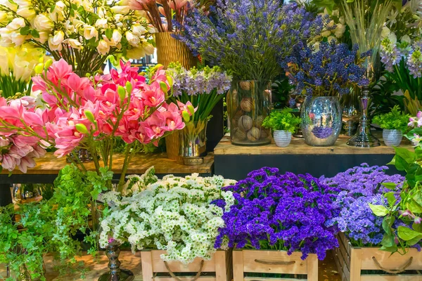 Groupe Belles Fleurs Fleuries Colorées Fleuries Sur Étagère Bois Pour — Photo