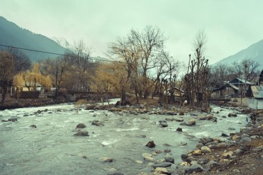 Beautiful landscape of the natural Liddar or Lidder river stream from the Himalayas mountain passing Laripora village Pahalgam is a popular tourist destination Kashmir,India clipart