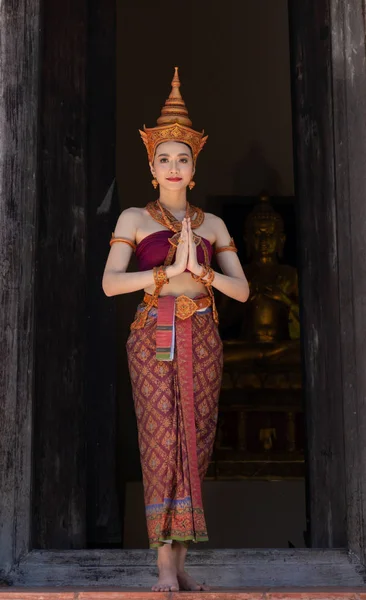 Beautiful Women Ancient Traditional Dress Antique Costume Thailand — Stock Photo, Image