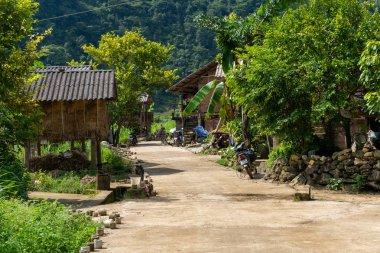 Cao Bang, Vietnam - 16 Ağustos 2019 : Nung etnik azınlığın phia Thap toplum temelli turizm el sanatları kırsal köy yeşil pirinç çeltik tarlaları ve karst Dağları ile çevrilidir