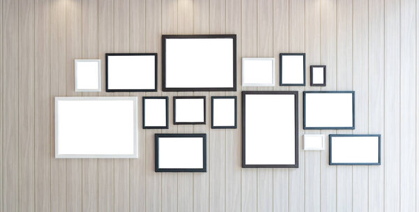 Group of modern blank wooden picture frames on beige color wall decoration contemporary for text and advertising on isolated with clipping patch