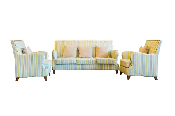 Striped Cloth Sofa Three Gray Pillows Luxury Living Room Wooden — ストック写真