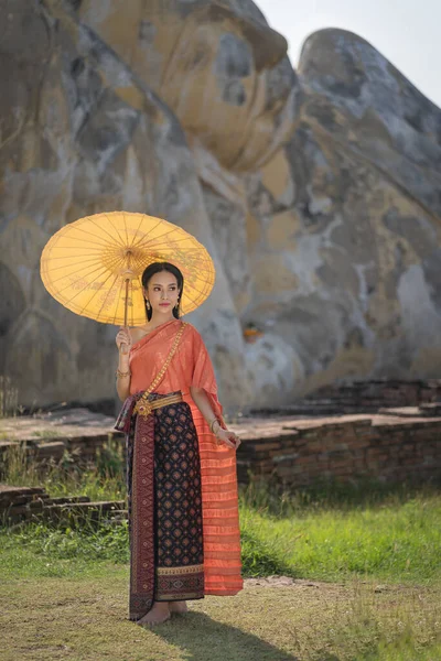 Beautiful Asian Thai Women Wearing Thai Dress Costume Traditional According — Stock Photo, Image