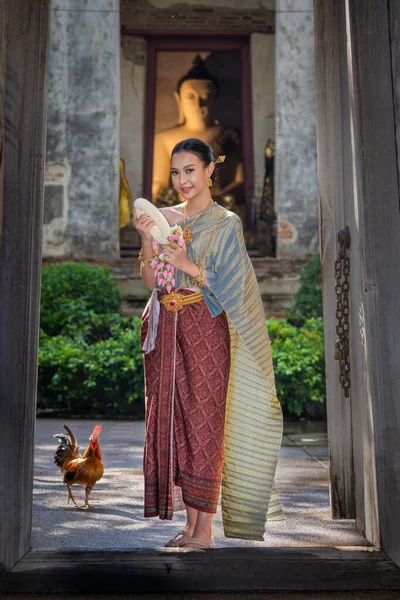 Beautiful Asian Thai Women Wearing Thai Dress Costume Traditional According — Stock Photo, Image