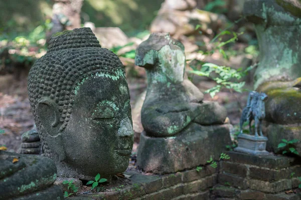 Ancient Old Damaged Buddha Statue Sculpture Stone Were Left Many — Stock Photo, Image