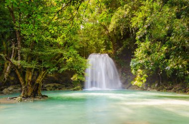 Tayland 'ın ulusal parkındaki Erawan şelalesi güzel yeşil doğa manzarası Kanchanaburi, Tayland' da popüler şelaledir.
