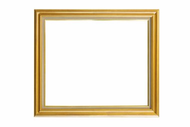 Metin ve reklamcılık için beyaz arkaplanda boş bir arkaplanı olan klasik altın fotoğraf çerçevesi ve yaşayan klasik akitektür retro stil dekorasyonu çağdaş kavramı
