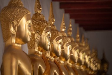 Tayland 'daki Buddisth tapınağında oturan ve ayakta duran bir grup altın Buda heykeli. Din ve ibadet, şanslı yaşam konsepti için dua eder.