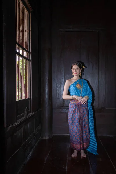 Beautiful Portrait Asian Woman Wearing Thai Dress Costume Traditional According — Stock Photo, Image