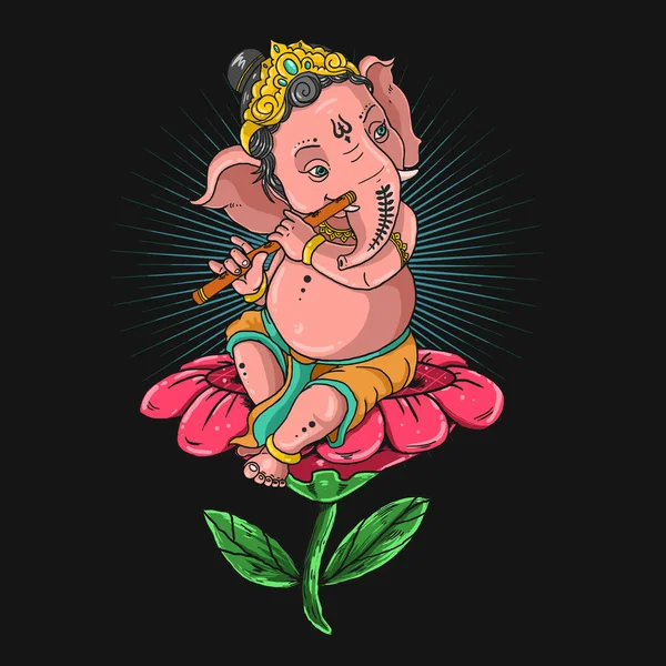Ganesha Spela Flöjt Illustration Vektor Grafisk — Stock vektor