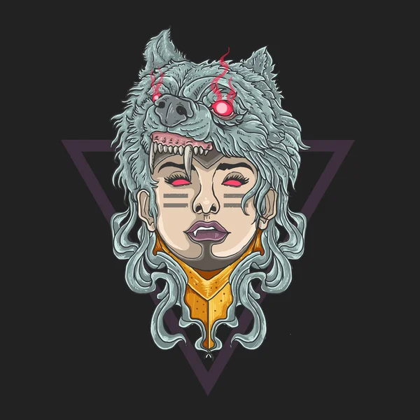 Vrouw Soldaat Winter Wolf Hoofd Tribal Tattoo — Stockvector