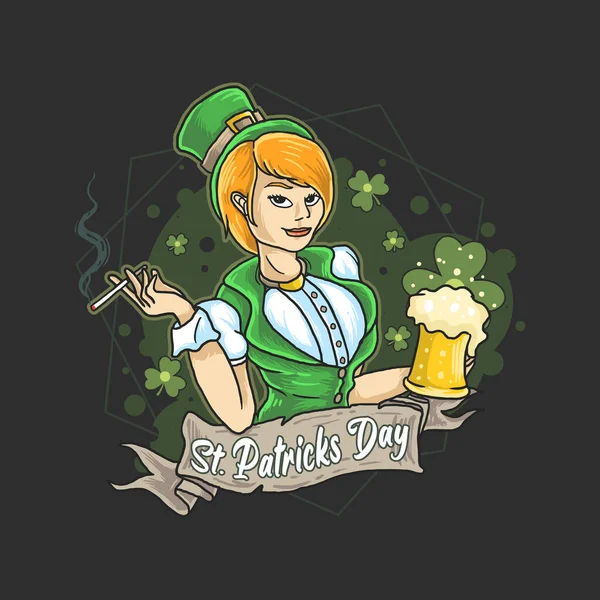 Saint Patrick Irische Dame Bier Und Zigarette — Stockvektor