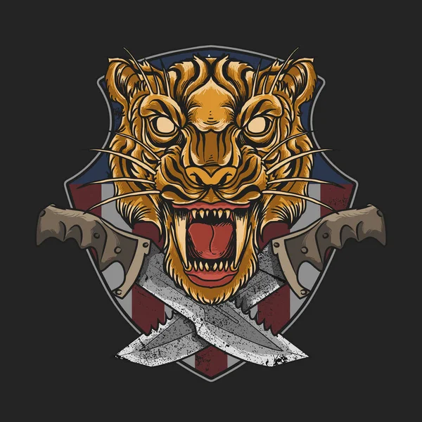Tigre Emblema Militar Con Daga — Vector de stock
