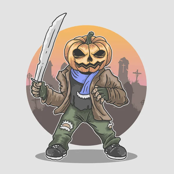 Halloween Maskottchen Killer Mit Machete Illustrationsvektor — Stockvektor