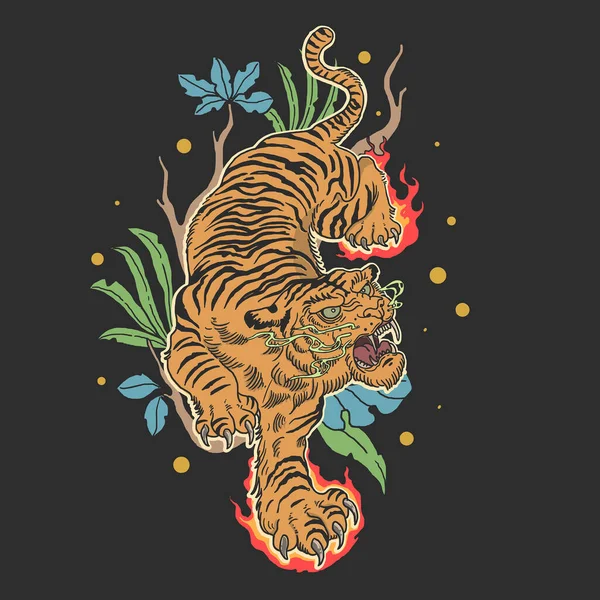 Dessin Tatouage Tigre Avec Vecteur Illustration Florale — Image vectorielle