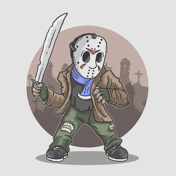 Halloween Assassino Mascotte Con Machete Vettore Illustrazione — Vettoriale Stock