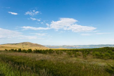 Beyaz bulutlar, ağaçlar, tarlalar ve yeşil çimenler ile çayırlar ile mavi gökyüzü, dağlara karşı. Doğanın bileşimi. Kırsal yaz manzarası.