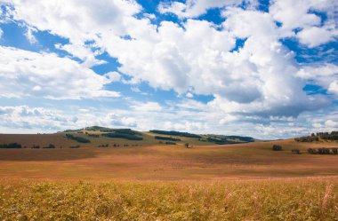 Beyaz bulutlar, ağaçlar, tarlalar ve yeşil çimenler ile çayırlar ile mavi gökyüzü, dağlara karşı. Doğanın bileşimi. Kırsal yaz manzarası.