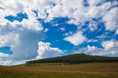 Beyaz bulutlar, ağaçlar, tarlalar ve yeşil çimenler ile çayırlar ile mavi gökyüzü, dağlara karşı. Doğanın bileşimi. Kırsal yaz manzarası.