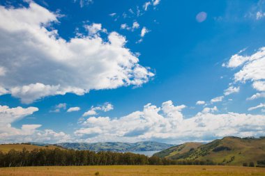 Beyaz bulutlar, ağaçlar, tarlalar ve yeşil çimenler ile çayırlar ile mavi gökyüzü, dağlara karşı. Doğanın bileşimi. Kırsal yaz manzarası.