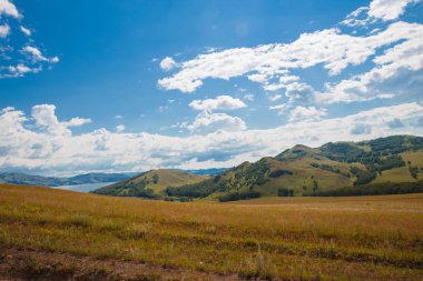 Beyaz bulutlar, ağaçlar, tarlalar ve yeşil çimenler ile çayırlar ile mavi gökyüzü, dağlara karşı. Doğanın bileşimi. Kırsal yaz manzarası.