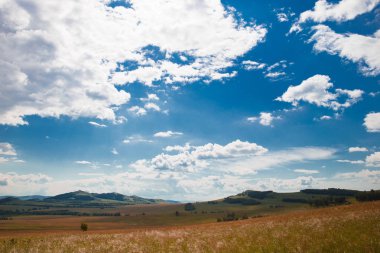 Beyaz bulutlar, ağaçlar, tarlalar ve yeşil çimenler ile çayırlar ile mavi gökyüzü, dağlara karşı. Doğanın bileşimi. Kırsal yaz manzarası.
