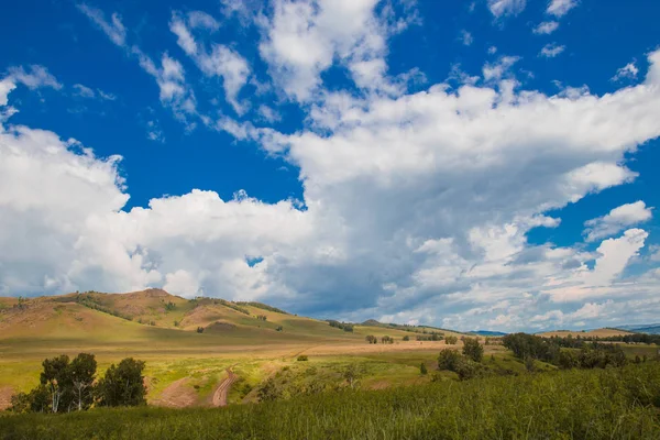 Blauwe hemel met witte wolken, bomen, velden en weiden met groen gras, tegen de bergen. Samenstelling van de natuur. Landelijk zomer landschap. — Stockfoto