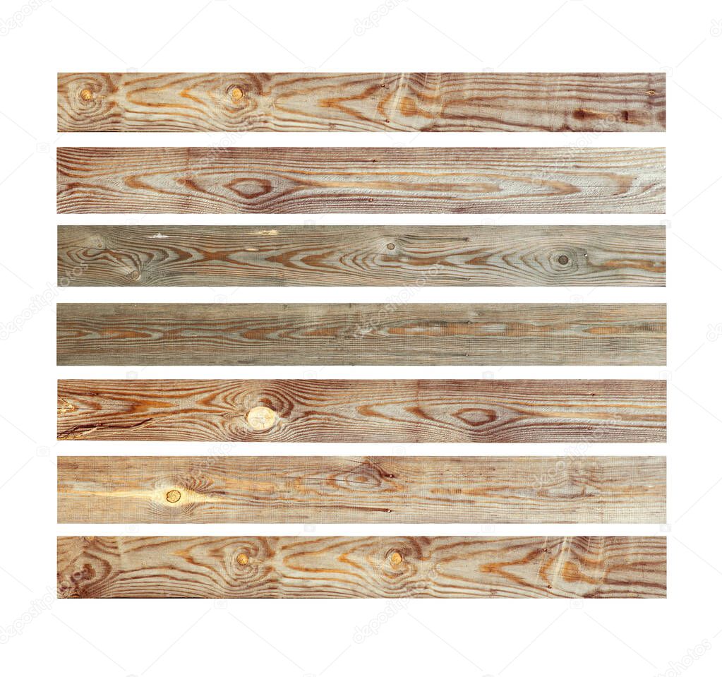 Wooden boards isolated on white background. Beige and brown texture of natural wood. Use for furniture production, design and manufacture of laminate.