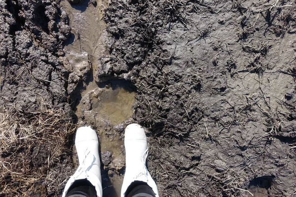 泥の中のブーツ 茶色の吸い泥の中にエチレンビニルアセテート製の白い防水ブーツで男の足が立っています 泥だらけの通行できない道 — ストック写真