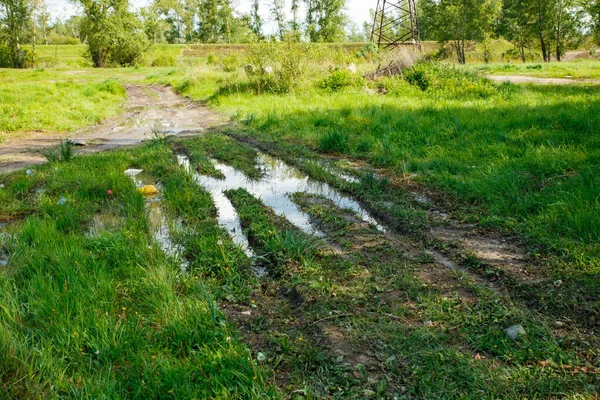 Su birikintileri ve çamurlu arazi aracı için kırlarda zorlu bir manzara ve yol. Sonbahar ya da ilkbahar. Arka planda orman var. Yağmurla yıkanmış yol, geçilemez, çamurlu, çamurlu.