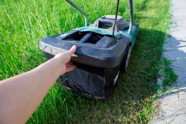 Çim biçme makinesinden çıkarılmış çim biçme çimleri olan konteynır. Yeşil çimen bir çim biçme makinesiyle biçildi. Manikürlü çimen ve bahçe kavramı. Abakan, Rusya-12 Haziran 2020