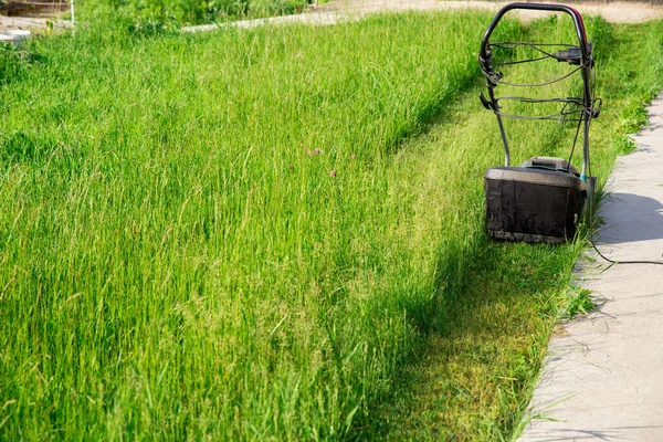 Elektrische Grasmaaier Makita Achteraanzicht Het Groene Gazon Wordt Gemaaid Met — Stockfoto