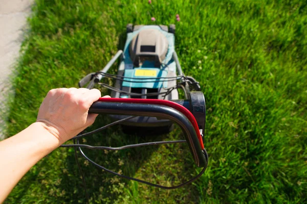 Bir adam yeşil bir çim biçme makinesini Makita elektrikli çim biçme makinesiyle biçiyor. Bahçede çalışma fikri, manikürlü güzel bir çim ve bahçe. Abakan, Rusya-12 Haziran 2020