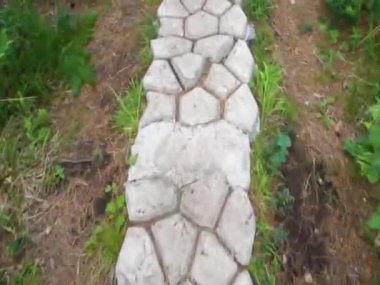 Yol taştan fayanslardan yapılmıştır. Park ya da ormanda bir patika. Hareket halindeki video.